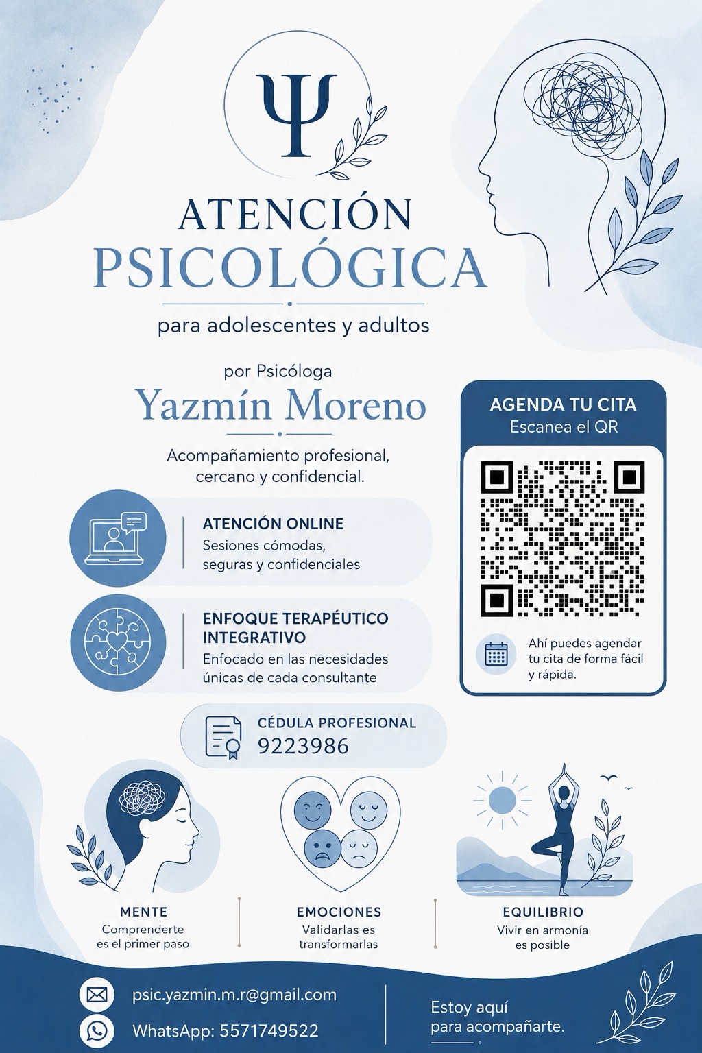 Atención Psicológica para adolescentes y adultos por Psicóloga Yazmín Moreno con QR de agenda
